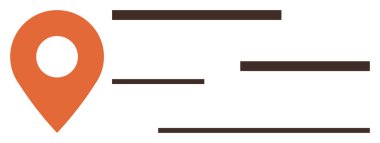 Orange map pin symbol with parallel horizontal lines for motion or activity. Ideal for maps, navigation, delivery, logistics, travel, direction, mobility, showcasing a simple flat metaphor
