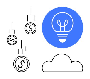Light bulb symbolizing ideas, coins representing financial success, and cloud implying technology. Ideal for innovation, finance, technology, cloud computing, startups, investment simple landing