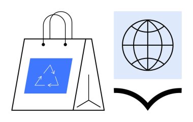 Shopping bag with recycling symbol and a globe on a blue square, reflecting sustainability and environmental awareness. Ideal for eco-lifestyle, recycling, global sustainability, nature, green