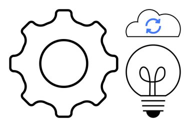 Gear, light bulb, and cloud with circular arrows signify collaboration, technology, workflow. Ideal for innovation, technology, productivity, development cloud services automation flat simple