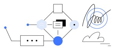 Connected shapes, lines, dots, and abstract elements illustrating data flow, connection, and process concepts. Ideal for technology, networking, analytics process design automation creativity