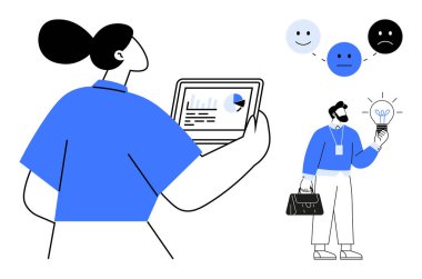Person analyzing data on a tablet, coworker holding light bulb surrounded by emotions. Ideal for teamwork, innovation, decision-making, feedback, creativity, productivity, communication simple flat