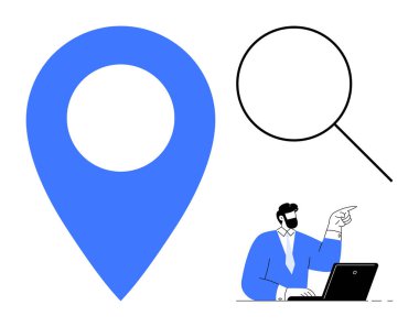 Blue location pin, magnifying glass, and a man pointing at a laptop as symbols of exploration, research, and navigation. Ideal for maps, searches, strategy, discovery geolocation learning simple