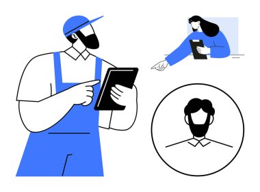 Worker in cap using tablet, woman pointing and holding clipboard, circular avatar. Ideal for teamwork, collaboration, communication, profile setup, workforce, digital tools simple landing page