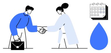 Two individuals shaking hands, one carrying a briefcase, next to calendar and water drop icons. Ideal for business deals, partnerships, agreements, teamwork, environmental initiatives, scheduling