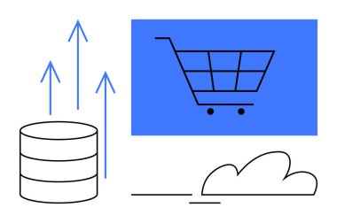 Shopping cart, database, arrows suggesting upward growth, and cloud. Ideal for e-commerce, market growth, digital data, cloud computing, business strategy online shopping simple flat metaphor