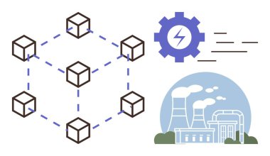 Blockchain connected nodes, gear with bolt symbolizing energy, industrial factory with chimneys. Ideal for energy, blockchain, technology, decentralization, sustainability innovation future. Simple