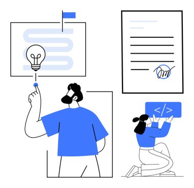 Light bulb signifying ideas, person signing document, and coder with code window. Ideal for productivity, innovation, team collaboration, creativity, digital development, agreement simple landing