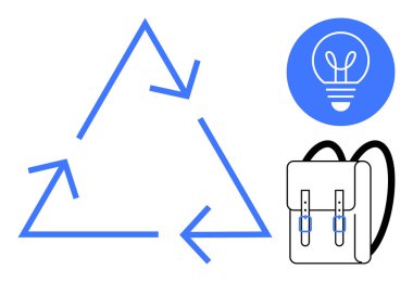 Recycling triangle with arrows conveying environmental focus, blue light bulb for innovation and ideas, backpack for education or eco-friendly lifestyle. Ideal for sustainability, ecology, green