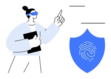 Woman wearing AR glasses pointing toward a digital fingerprint shield, holding a black tablet. Ideal for technology, security, privacy, innovation, authentication, data protection, futuristic
