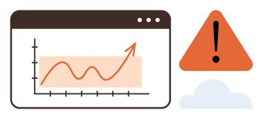 Growth chart in browser with red upward curve, warning alert, and cloud. Ideal for data analysis, risk assessment, forecasting, business growth, alert systems online platforms analytics. Simple