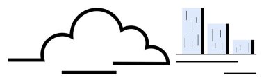 Large cloud next to bar graph cityscape representing data, technology, and digital transformation. Ideal for innovation, analytics, computing, storage, business IT future technology. Simple flat
