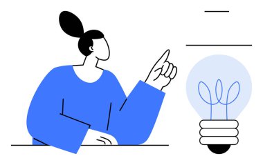 Woman in blue sweater pointing towards a glowing lightbulb representing creative thinking, innovation, and brainstorming. Ideal for creativity, business planning, problem-solving, inspiration