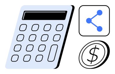 Calculator with keypad, coin symbolizing money, and share icon for connectivity. Ideal for finance, budgeting, digital tools, collaboration, profitability, technology and simple landing page