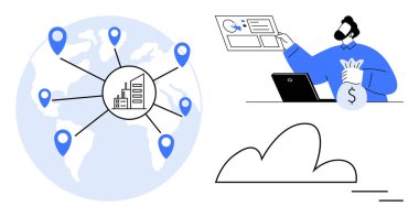 World map with location markers connected to a central business hub, person managing finances on laptop, and cloud icon. Ideal for globalization, finance, cloud computing, remote work, SaaS, business