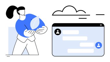 Person holding a leaf, digital chat window with avatars and messages, symbol of cloud. Ideal for eco-friendly technology, green communication, innovation, connection, teamwork, digital applications