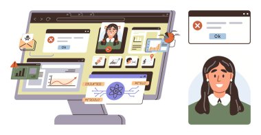 Desktop monitor featuring open apps such as graphs, user profiles, notifications, and error pop-ups. Ideal for productivity, remote work, digital tools, multitasking, teamwork communication simple