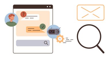 Chat with person icons, chatbot, email envelope, magnifier emphasizing questions, search, and automation. Ideal for communication, support chatbot AI email search digital assistance. Simple flat