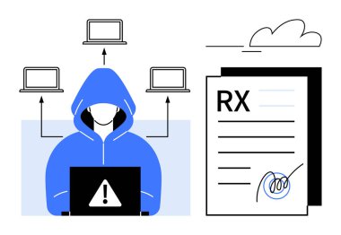 Hacker in blue hoodie accessing data from multiple laptops with caution icon. RX documents signify medical information vulnerability. Ideal for cybersecurity, hacking, healthcare, data breach, IT