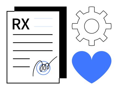 Prescription with signature, black gear, and blue heart symbolizing healthcare, technology, and well-being. Ideal for health tech platforms, medical innovation, patient care, pharmacy diagnostics