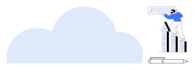 Individual holding a search bar atop rising columns, symbolizing growth and exploration. Minimal cloud and pen accentuate creativity, leadership, research, and progress. Ideal for technology