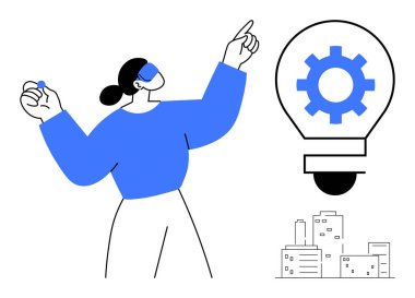 Woman pointing towards a bulb with a gear, symbolizing innovation and problem-solving. Small urban skyline hints at progress. Ideal for creativity, solutions, teamwork, technology, innovation