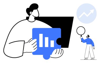 Person holding a puzzle piece with bar chart and another pointing to growth chart. Ideal for business, teamwork, analytics, growth, strategy, collaboration, simple landing page