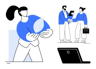 Person holding a leaf symbolizing sustainability, professionals shaking hands in agreement, and a laptop for work. Ideal for teamwork, business negotiation, sustainability, eco-innovation