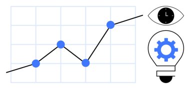 Line chart with data points on grid, light bulb with gear, clock inside an eye. Ideal for growth, innovation, strategy, analytics, vision productivity digital transformation. Simple flat metaphor