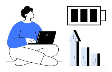 Person sitting with a laptop, full battery icon, and rising bar chart. Ideal for themes thumbs up productivity, growth, technology, energy, education, remote work simple landing page