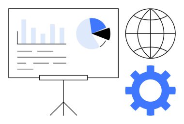 Chart on tripod with bar graph, pie chart, lines representing data analysis. Globe and gear icons suggest global operations, teamwork, technical optimization. Ideal for data, teamwork, workflow