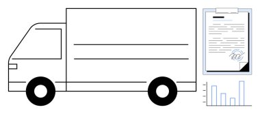Truck design with signed document and graph symbolizing logistics, delivery services, performance review. Ideal for shipping, transportation, supply chain, business growth, contract management