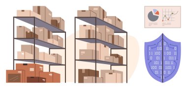 Rows of storage shelves stacked with boxes, a security shield with binary code, and data charts on the wall. Ideal for logistics, technology, data security, warehouse management, analytics