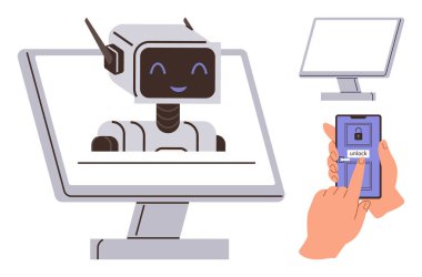 Smiling AI chatbot on computer monitor with hands unlocking phone. Ideal for technology, AI communication, digital security, smart devices, virtual assistance, innovation, simple flat metaphor