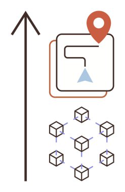 Arrow denoting direction, map path with geolocation pin and triangular marker, connected network of cubes. Ideal for navigation, geolocation, networking, blockchain, logistics, travel planning