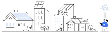 Solar panels atop houses and buildings in eco-friendly cityscape with trees, wind turbine, person using tablet. Ideal for sustainability, clean energy, urban planning, technology, innovation, green