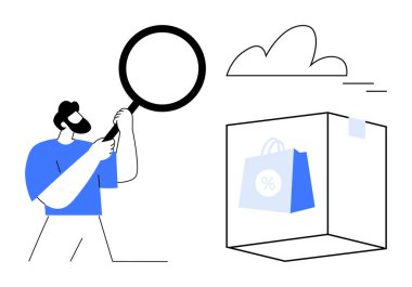 Man holding magnifying glass analyzing shopping bag inside transparent box and digital cloud. Ideal for online shopping, e-commerce, product research, cloud storage, innovation, technology