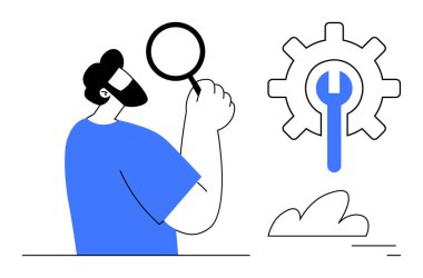 Man holding magnifying glass, investigating gear and wrench concept for solutions, mechanics, analysis. Ideal for business strategy, troubleshooting, customer support, development, teamwork