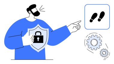 Person holding a shield with a lock, pointing to a footprint icon. Visible gears indicate processes. Ideal for security, identity, protection, technology, data, process optimization simple flat