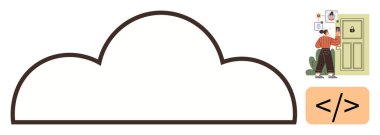 Cloud outline symbolizing storage or connectivity, a person securing access to a door, tag with code snippet. Ideal for technology, security, development, data, cloud computing, privacy digital
