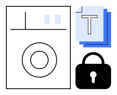 Washing machine design, stack of documents, and padlock combine to represent concepts thumbs up data security, privacy, online storage, encryption, and access control. Ideal for technology