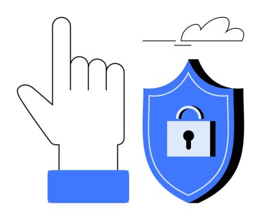 A raised hand symbol next to a shield containing a padlock, conveying security, trust, and protection. Ideal for cybersecurity, data privacy, online access, authentication, digital safety