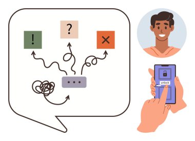 Person interacting with smartphone featuring unlock button, tangled decision arrows, and choice icons. Ideal for problem-solving, decisions, logic, user experience, digital security, thinking