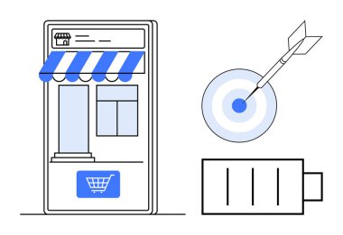 Smartphone with shop interface, target with an arrow, low battery icon. Ideal for e-commerce, marketing, goal focus, energy conservation, sales strategy, online shopping simple flat metaphor