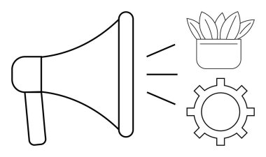 Megaphone emitting sound waves near a potted plant and gear, symbolizing communication, growth, and collaboration. Ideal for teamwork, marketing, productivity, nature, innovation organization