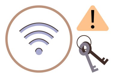 wireless icon surrounded by keys and warning symbol representing connectivity, security, access control, and caution. Ideal for technology, cybersecurity, internet safety, protection, warnings