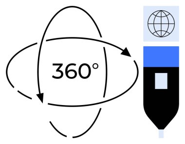 Rotational arrows with 360 text encircling a concept, accompanied by a globe and stylized digital pen. Ideal for technology, innovation, global reach, interconnectedness, education, digital design
