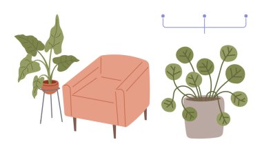 Pink armchair flanked by potted greenery, showcasing harmonious indoor styling. Ideal for home d cor, minimalism, nature, relaxation, indoor greenery, eco-lifestyle furniture arrangement. Simple