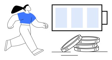 Woman confidently walking, large battery icon indicating full energy, coins symbolizing finance and prosperity. Ideal for energy, finance, progress, sustainability, motivation, success personal