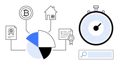 Graph connecting cryptocurrency, real estate, certificates, and documents. Stopwatch signifies time focus. Ideal for finance, blockchain, investment, analysis property management certifications